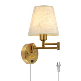 Bedside Wall Mount Light with Dimmable Switch and USB Port, Gold Swing Arm Fabric Shade Wall Sconce Light with Plug in Cord, Wall Lamp Perfect for Bedroom, Living Room and Hotel