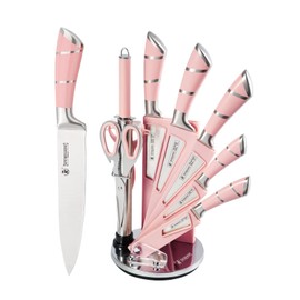 Kitchen Knife Set, Retrosohoo 9-Pieces Pink Sharp Non-Stick Coated Chef Knives Block Set,Stainless Steel Knife Set for Kitchen with Sharpener for Cutting Slicing Dicing Chopping (Pink)