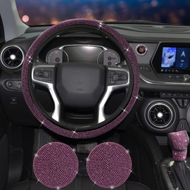 JINGSEN 11 Pcs Bling Car Accessories Set,Bling Car Accessories Set for Women, Bling Steering Wheel Cover for Women Universal Fit 15 Inch, Rhinestone Center Console Cover(Pink)