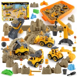 Asoxt Construction Sensory Playset - 43pcs Play Sand Art Kit- 2 lbs Sand,Sandbox,4 DIY Construction Trucks,Crane,Conveyor,8 Sand Molds,6 Figures,12 Road Signs - Ideal Toy for Boys & Girls Ages 3+