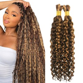 4/27 Honey Blonde Human Braiding Hair Deep Water Wave Bulk Human Hair for Braiding Highlights Curly Braiding Hair Extensions for Boho Braids 14 Inch 2 Bundles 100G Wet and Wavy Human Hair Braiding