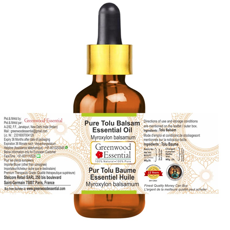 Greenwood Essential Tolu Balsam Essential Oil (Myroxylon balsamum) with Glass
