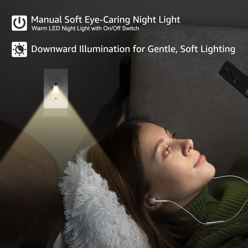 Night Light USB C Outlet,KCMYTONER 2PK 15A Fast Charging Wall