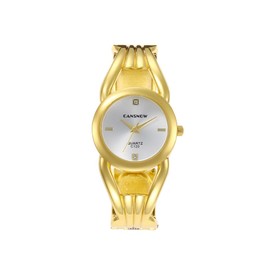 Weicam Women Simple Gold Round Dial Cuff Bangle Bracelet Analog Quartz Wristwatch