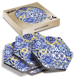 4 x Hexagon Coasters - Blue & Yellow Mosaic Pattern Cork Backed MDF Glossy Tea Coffee Accessory #50306