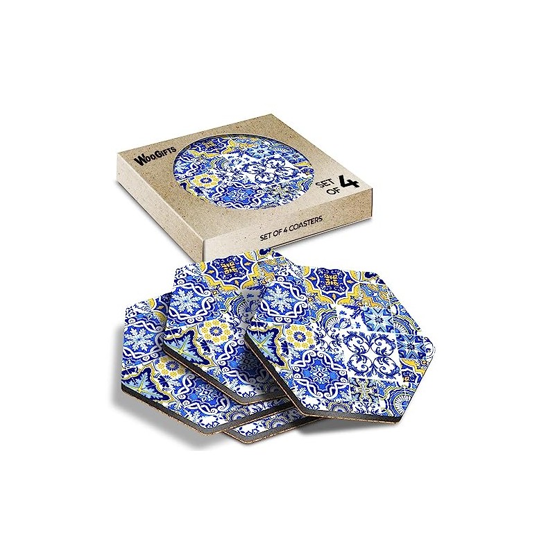 4 x Hexagon Coasters - Blue & Yellow Mosaic Pattern