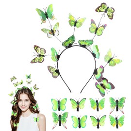 Butterfly Headpiece Women's Sets, Butterfly Headband + 8 Pieces Butterfly Hair Clips, Exquisite Three-Dimensional Butterflies Hair Accessories for Spring Carnival Looks Accessories (Green, 12 cm)