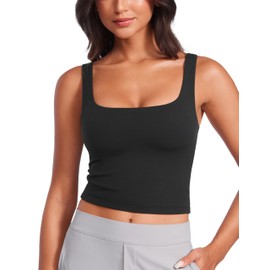 CRZ YOGA Womens Butterluxe Double Lined Square Neck Tight Tank Tops Sleeveless Workout Cropped Casual Yoga Fitted Shirts Black Large