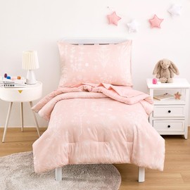 Wake In Cloud - Floral Toddler Bedding Set for Girls, Cute Botanical Flowers Leaves, 4 Pieces Soft Crib Bed Set Including Comforter, Sheets and Pillowcase, Light Pink