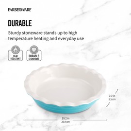 Farberware Bakers Advantage Durable Stoneware Ceramic Pie Dish, Ideal for Making Sweet and Savory Dishes, Heat Resistant, 10 Inch, Teal