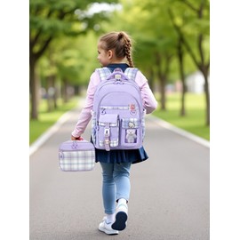 HuiLeo Girls Backpack with Lunch Box Cute School Backpack for Girls Kids Teens Kawaii Bookbag Set for Primary Elementary，Purple