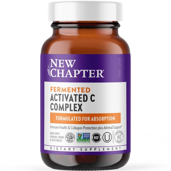 New Chapter Fermented Activated C Complex, Rich in Vitamin C for Immune Health, Collagen Protection + Adrenal Support, Made with Organic Herbs, Non-GMO, 60 Count