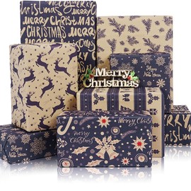 Christmas Wrapping Paper Sheets, 12 Sheets Kraft Christmas Wrapping Paper Set, Navy Blue Christmas Wrapping Paper for Kids Men Women, Gift Wrapping Paper for Christmas New Year Holiday, 50cm x 70cm