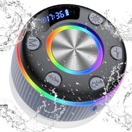 Bluetooth Shower Speaker, Portable Bluetooth 5.3 Speakers Wireless with Time Display, IP7 Waterproof Speakers with RGB Light, Suction Cup, Mini Stereo Speaker for Bathroom Party Beach Outdoor, Gray