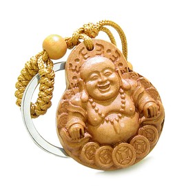 Buddha with Lucky Coins Keychain - Feng Shui Good Luck Charms - Sandal Wood Key Chain Ring - Cute Lucky Charm - Meditation Buddha Amulet - Spiritual Gifts for Yoga Lovers
