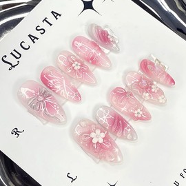 WAFOLOZE Nails Press on, Almond Press on Nails Medium Length Girls Fake Nails with 3D Ice Flower Butterfly Sweeter Design, Artificial False Nails Press Ons Glue on Nails For Women
