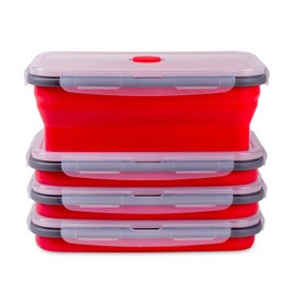 Collapsible Food Storage Containers with Airtight Lid & Air Vent, 40.5 oz, Kitchen Stacking Silicone Collapsible Meal Prep Container Set for Leftover, Microwave Freezer Dishwasher Safe, Red, Set of 4