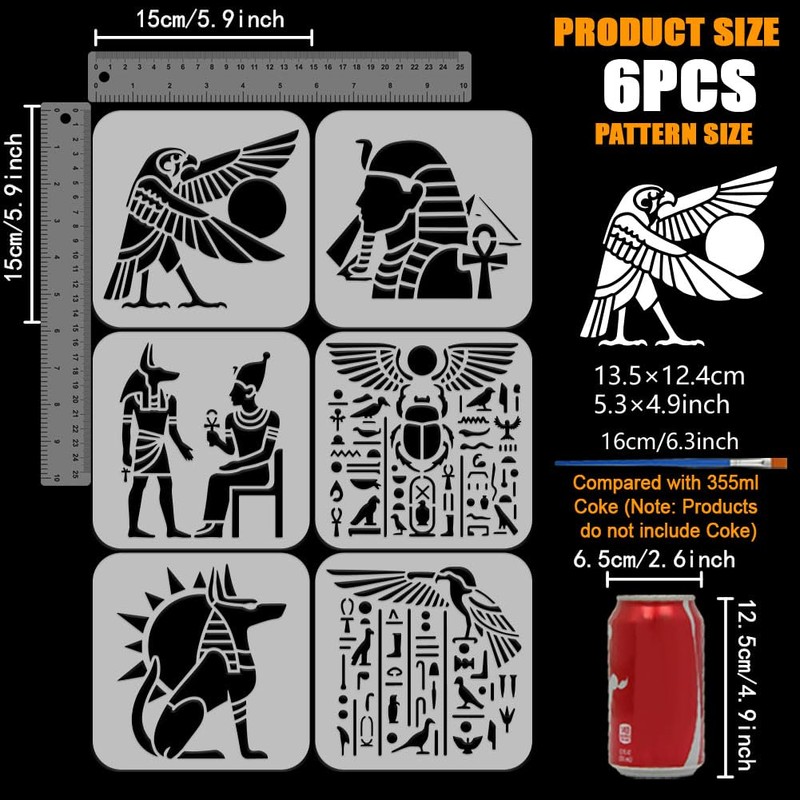 FINGERINSPIRE 6Pcs Egyptian Patterns Stencil with Brush 5.9x5.9 Inch Reusable