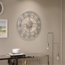 16" Modern Large Wall Clock, Silver Decorative Metal Clock Silent Non Ticking, Roman Numeral Analog Battery-Operated Round Clock for Living Room, Kitchen, Bedroom, Office, Home Decor