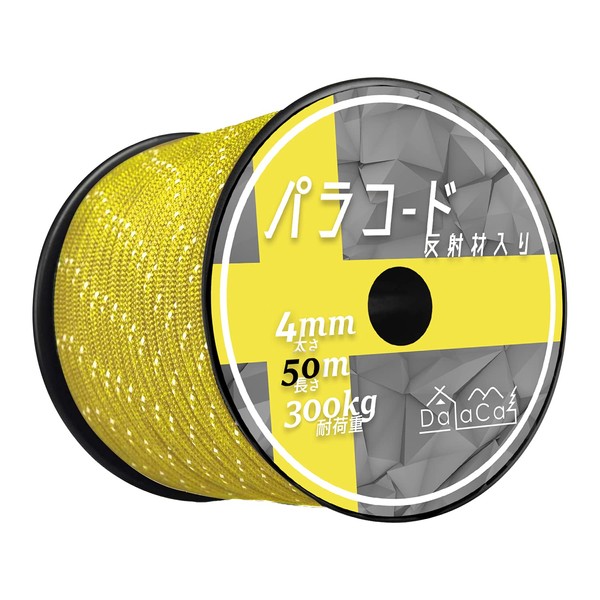 DaLaCa Paracord Tent Rope, Reflective Material, Thickness 0.16 / 0.20 in. (4 / 5 mm), Length 98.4 / 164.0 ft. (30 / 50 m), Load Capacity 771.6 lbs (350 kg), Yellow, 98.4 ft. (30 m)