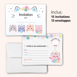Naïa Design - 15 cartes d’invitation fête enfant en français avec enveloppe - Carte invitation anniversaire - format de 5.5 x 4.25 pouces - Originale et personnalisée - Thème chat Squishmallow