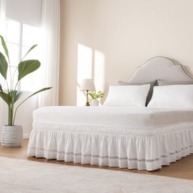 MIYE Wrap Around Ruffled Lace Bed Skirt, Elastic Dust Ruffle with Adjustable Belts,15 Inch Drop Easy to Put On, Bed Frame Cover, Machine Washable (Ruffled Lace, King/Queen-15)