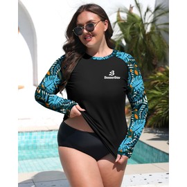 Women's Crew Neck Long Sleeve Upf50+ Rash Guard Top Classic Floral Swimsuit Top Swim Top Black Blue - Leaves XX-Large