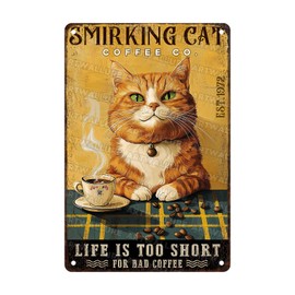 ARTWALLURE Smirking Cat Coffee Metal Tin Sign Vintage Kitchen Decor Rustic Wall Art For Cafe Theme Retro Pet Lovers Gift Idea 8x12inch
