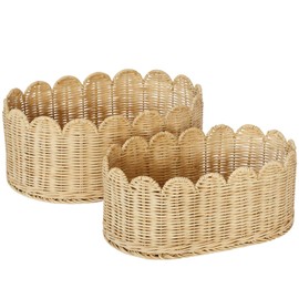 BEBE BASK Premium Scalloped Basket Set Of 2 - Scallop Basket - 16 x 10 x 7 Inch - Hand-Woven Elegant Wicker With Scalloped Edge - Nursery Storage (Natural)