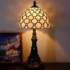 Small Tiffany Lamp Mini Stained Glass Desk Lamp White Crystal Pearl Bead Style Vintage Table Lamp Tiffany Style Night Light 8X17.5 Inch