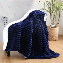 Linecooo Navy Blue Sherpa Fleece Throw Blanket 50”×60” for Couch Sofa Bed,Double Side Soft Fuzzy Cozy Plush Thick Flannel Blanket with Striped Design Gift for Adults,Woman,Girls