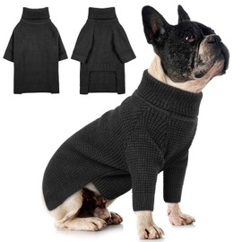 Queenmore Dog Sweater, Turtleneck Long Sleeve Knitted Dog Sweater with Check Pattern, Fall Winter Warm Dog Sweaters for Small Medium Large Dogs, Solid Pull-on Pet Sweater for Cats,Charcoal Gray S