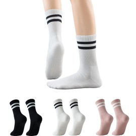 GLENMEARL Pilates Socks with Grips for Women, 3 Pairs Yoga Non Slip Long Socks, Grip Sock for Pilates, Dance Workout (US, Numeric, 9, 11, Regular, Regular, Striped (Black,White,Pink))