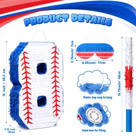 HyDren Baseball Piñata with Blindfold Bat Confetti 16 Inch Baseball Number Piñata Sports Theme Party Decoration Supplies for 1st 2nd 8th Birthday Softball Party Decor(Number 8)