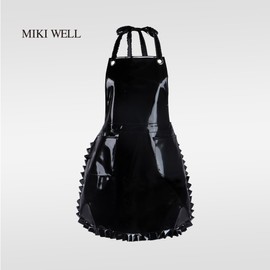 MIKI WELL Glossy Cute Ruffled Apron, Lace-Up Model with Two Pockets, Vinyl Apron for Artists and Barbers, Waterproof (Black)