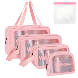 Aucuu Travel Toiletry Bag, Transparent Cosmetic Bag, PVC Toiletry Bag Organiser, Portable Culture Wash Bag, Zip Make Up Bag for Women, Children, Men, Business, Bathroom, #11 Pink 4pc-d, 1