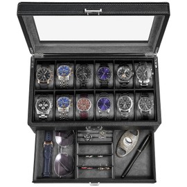 BEWISHOME Watch Box for Men, 12-Slot Watch Case with Drawer, 2-Layer Mens Jewelry Box with Large Glass Lid, Watch Display Case Watch Holder Organizer Watch Storage for Men Women Black, SSH02L