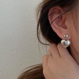 Double Heart Drop Earrings for Women Silver Chunky Heart Earrings Love Heart Dangle Earrings (Silver)