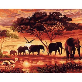 Awesocrafts Number Painting Kits, Landscape of Africa, African Animals Elephant Tree Sunset Paint by Number 16x20 inches for Adults and Kids (Africa，No Frame)
