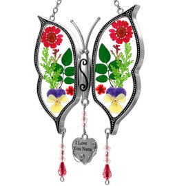 KY&BOSAM Gifts for Nana Suncatchers for Windows Butterfly I Love You Nana Gift Stained Glass Wind Chime Pressed Real Flowers and Heart Charm Gifts for Nana Grandma Mother's Day Wedding Christmas