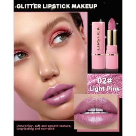 Glitter Lipstick Light Rose, Metallic Shimmer Lip Gloss, Hydrate Diamond Glitter Lipstick Waterproof Durable, Highly Pigmented Nonstick Cup Sparkly Cream Lip Tint Balm Makeup Gifts for Women 02