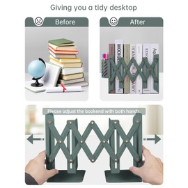 Honagu Adjustable Bookends, Metal Book Ends for Shelves Heavy Book, Desk Magazine File Organizer for Home, Office, Books, Papers, Extends up to 19 inches with Pen Holder (Green)