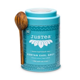 JusTea KENYAN EARL GREY | Loose Leaf Black Tea | Tin with Hand Carved Tea Spoon | 40+ Cups (90g) | High Caffeine | Award-Winning | Fair Trade | Non-GMO