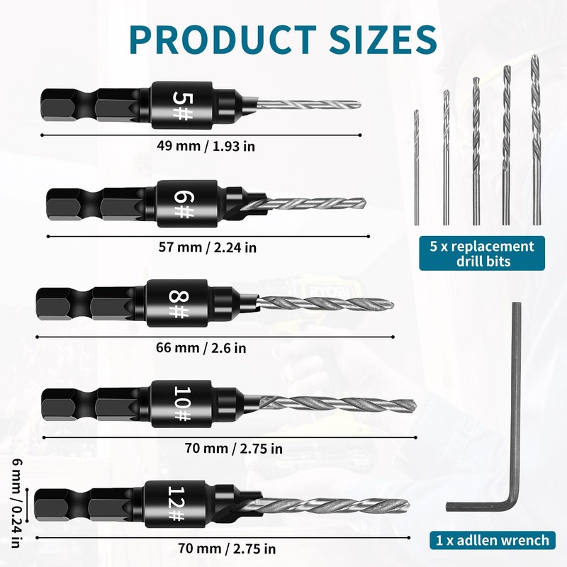 Zhufas Woodworking Set Countersink Drill Bit 5 Pieces 1/4 Inch