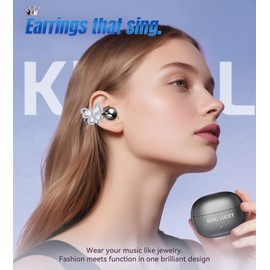 King Lucky Clip-on Earbuds with Detachable Butterfly Earrings,Open-Ear Wireless Bluetooth 5.4 Headphones with Mic,50H Play,Noise Cancelling Ear Buds,Comfortable for Small Ears,Sports&Workouts (Black)