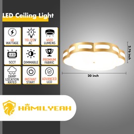 Hamilyeah 20 inch LED Flush Mount Ceiling Light Gold, 5CCT Dimmable Flower Kitchen Lighting Fixtures Ceiling 48W, Modern Scalloped Ceiling Light Fixture for Living Room, Bedroom,Dining Room