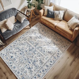 jinchan Machine Washable Area Rug 4x6 - Vintage Floral Stain Resistant Low Pile Ultra-Thin Non Slip Accent Rug for Bedroom Living Room Kitchen Dining Room Entryway (4x6ft,Blue)