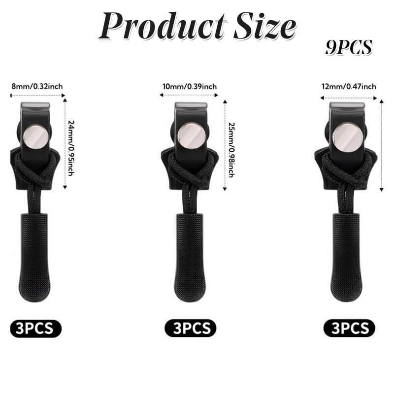 9 Pcs Black Fix Zip Puller Instant Zipper Puller Universal