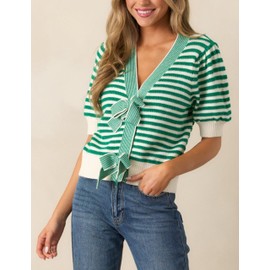 InterNos Womens Bow Front Short Sleeves Sweater Classic Striped V Neck Cropped Knit Pullover Tops(0986-Green-L)