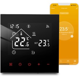 Digital Underfloor Heating Thermostat for Water Heating, WiFi Smart Room Thermostat Underfloor Heating Programmable Compatible with Tuya Alexa and Google Assistant, Touchscreen Digital Black 3A